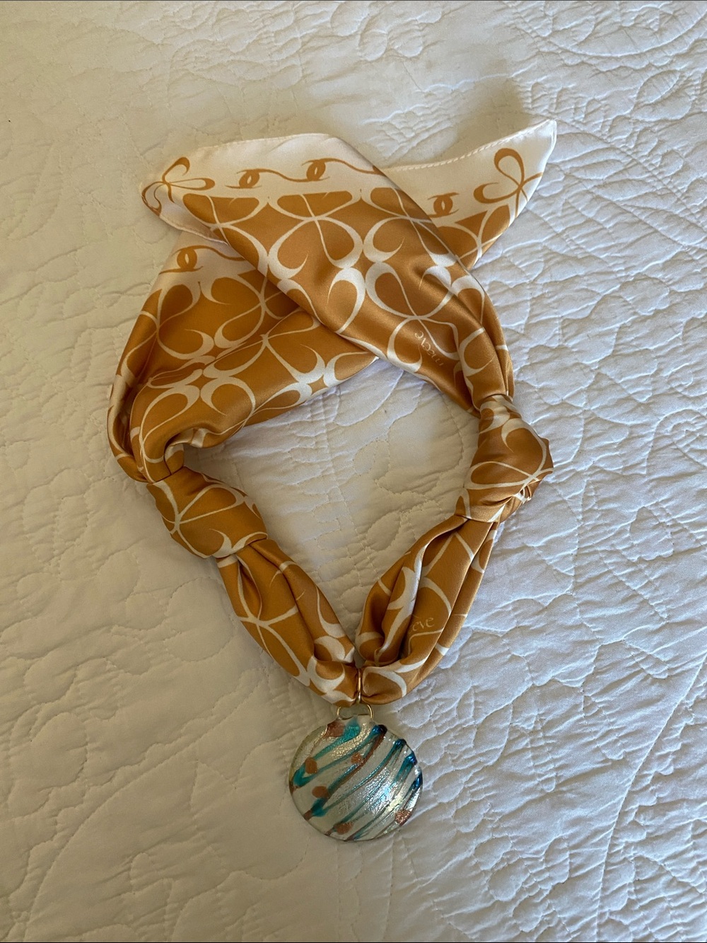 Repurposed glass pendant on a Maeve Anthropologie new scarf.